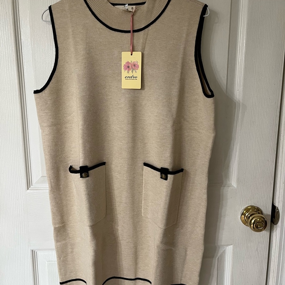 Beige Sleeveless Knit Dress with Black Trim. Entro. NWT